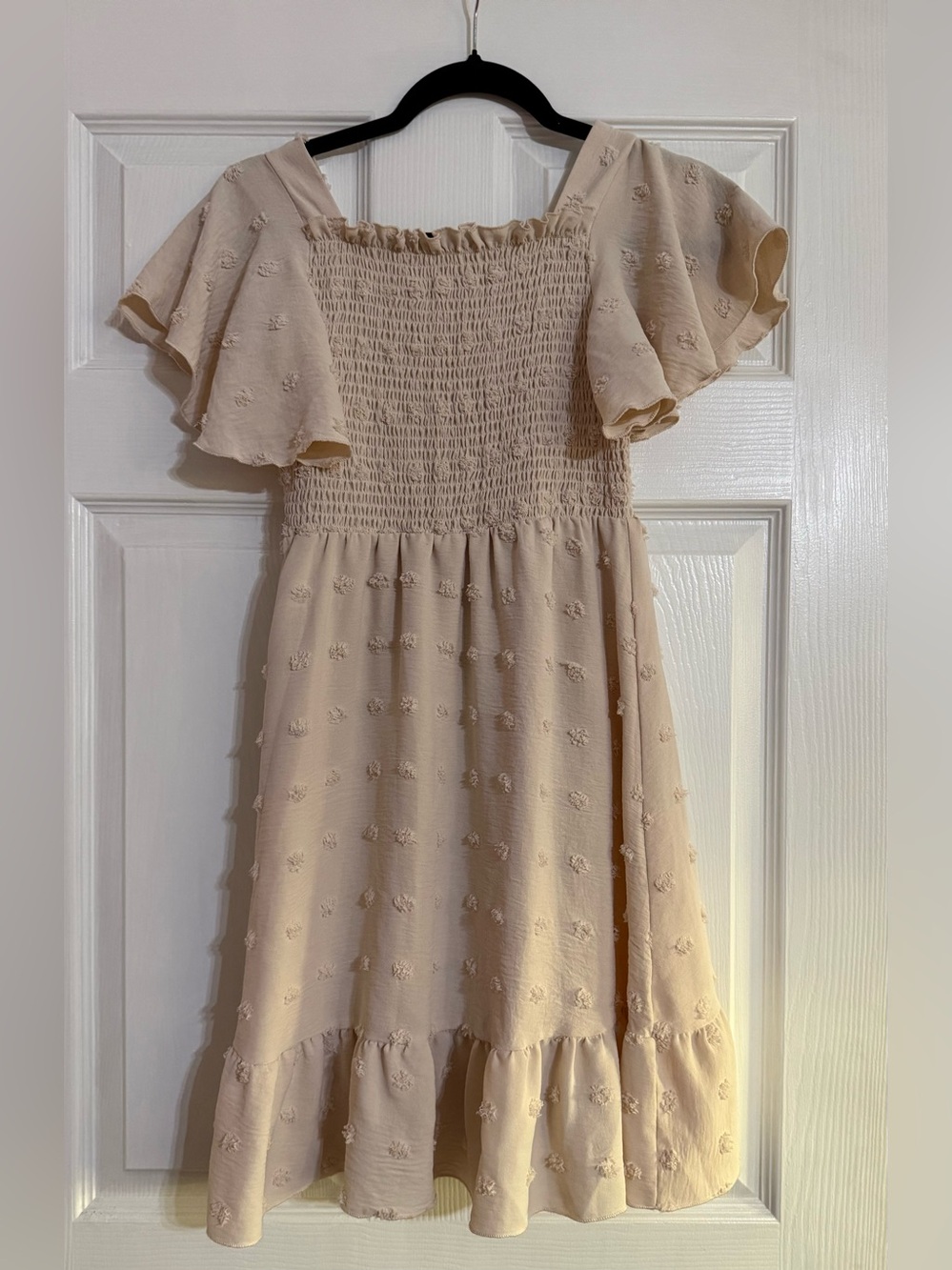 Girls' Cream Smocked Flutter-Sleeve Dress